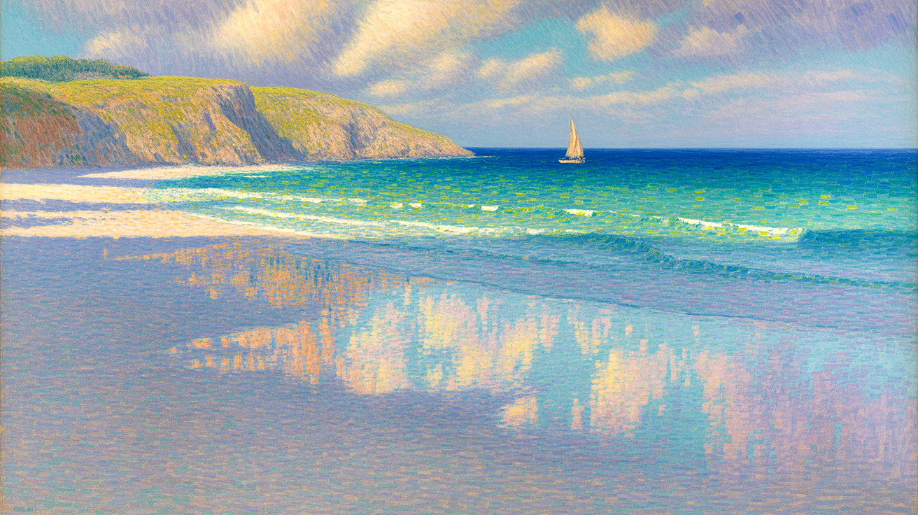 Serene Coastal Scene with Waves and Sailboat