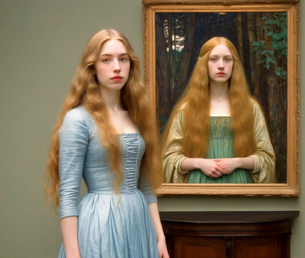 Young woman in historical dress reflects in mirror