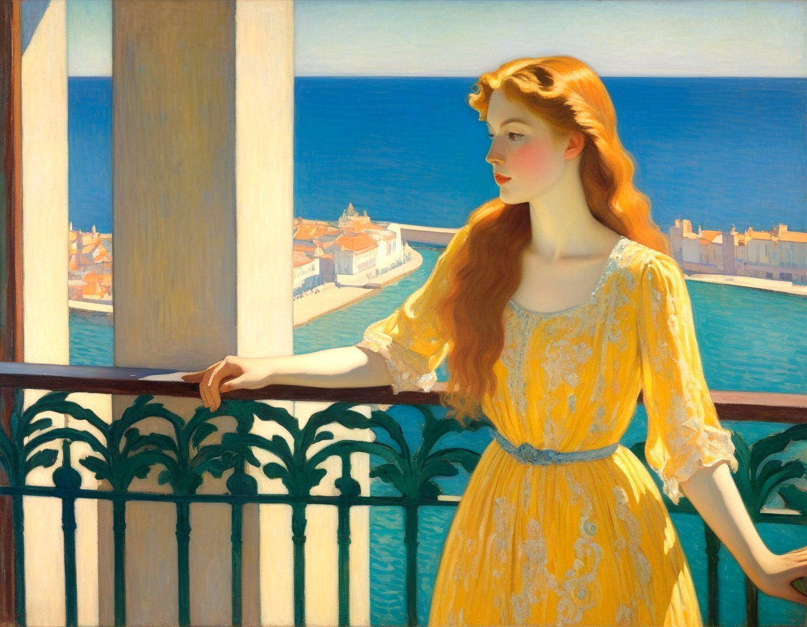 Young woman in yellow dress on balcony by coast