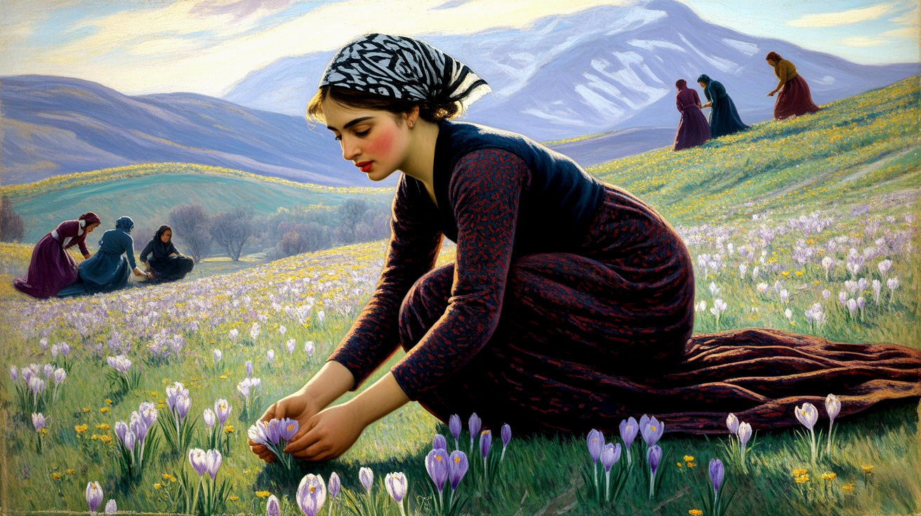 Young Woman Collecting Crocuses in Sunlit Landscape