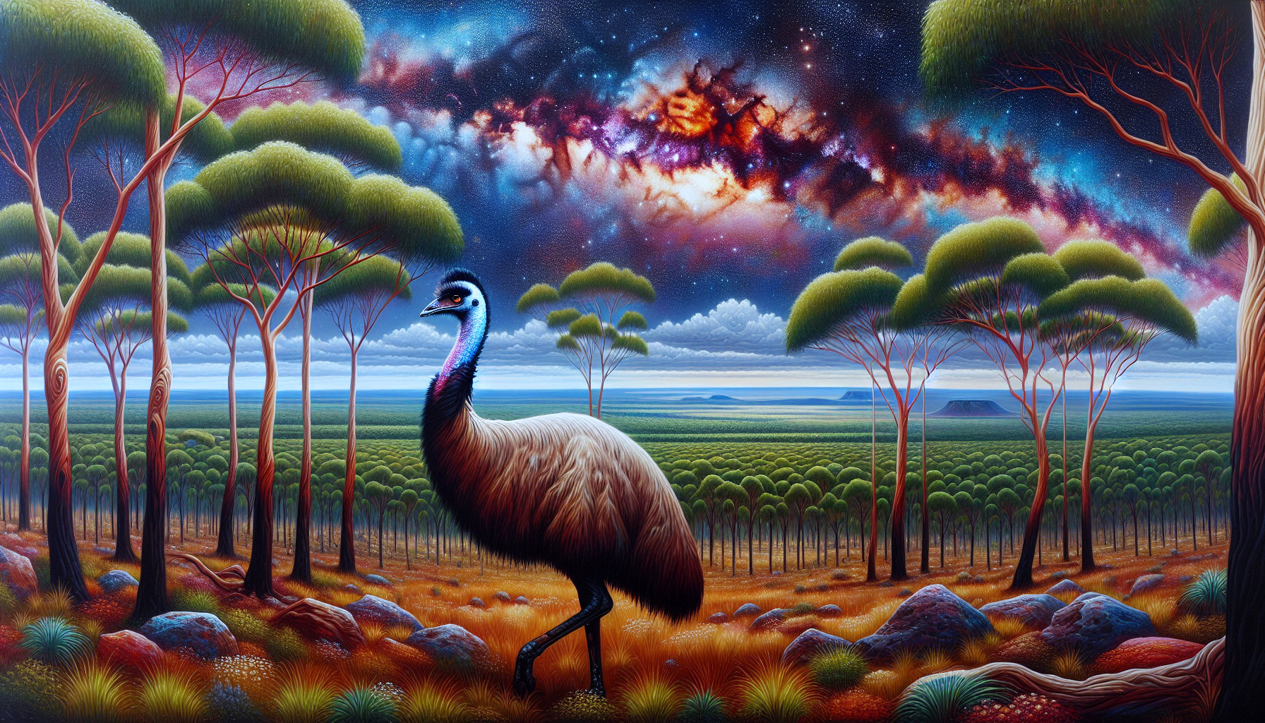 Majestic Emu in Surreal Cosmic Landscape Scene