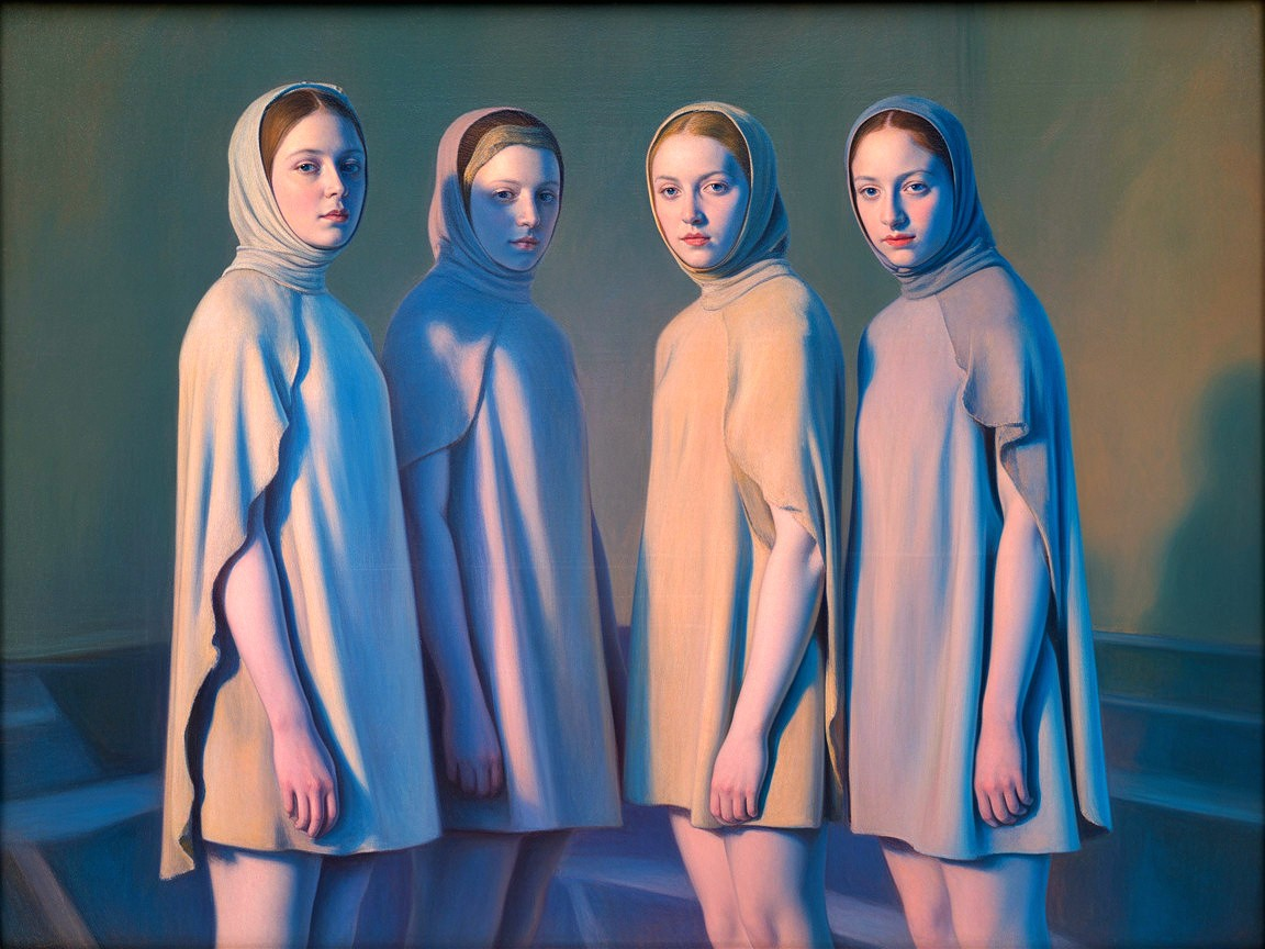 Four Young Women in Minimalist Garments and Hoods