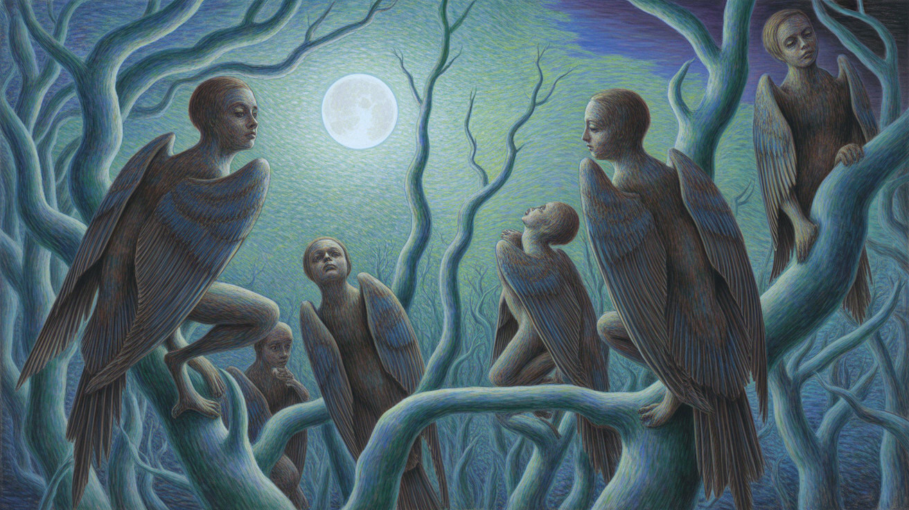 Humanoid Figures with Wings in Ethereal Forest Scene