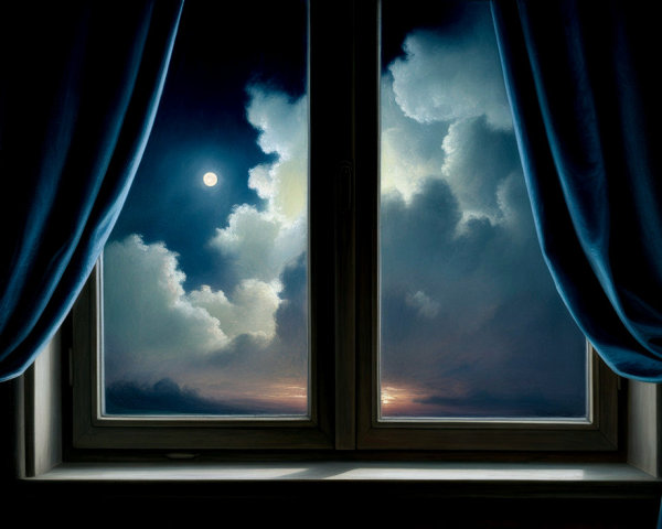 Serene Night Scene with Moonlit Clouds and Curtains
