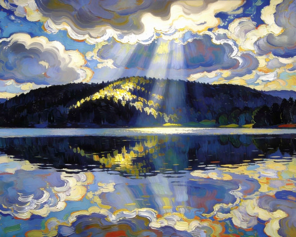 Expressionist Oil Painting of Serene Landscape and Lake