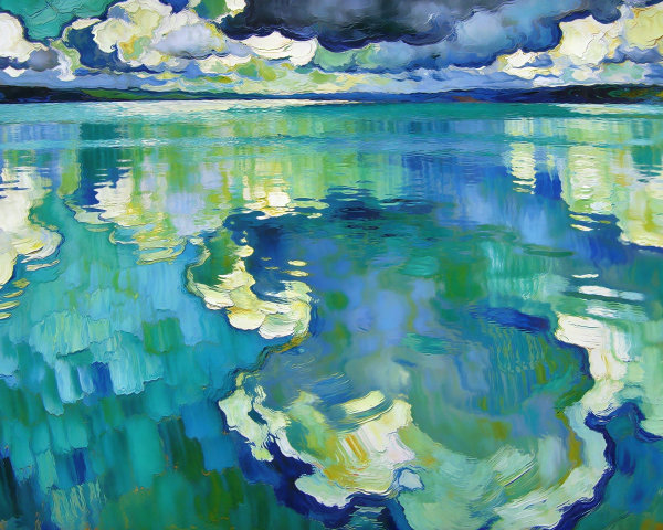 Colorful Impressionistic Painting of Tranquil Lake Scene