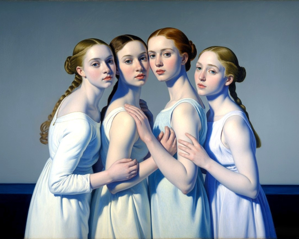 Four Young Women in Light Dresses Against Blue Background