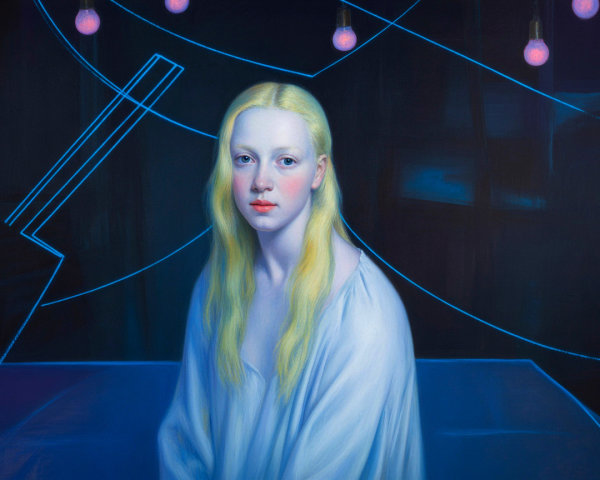 Contemplative Figure in White Garment Against Dark Background