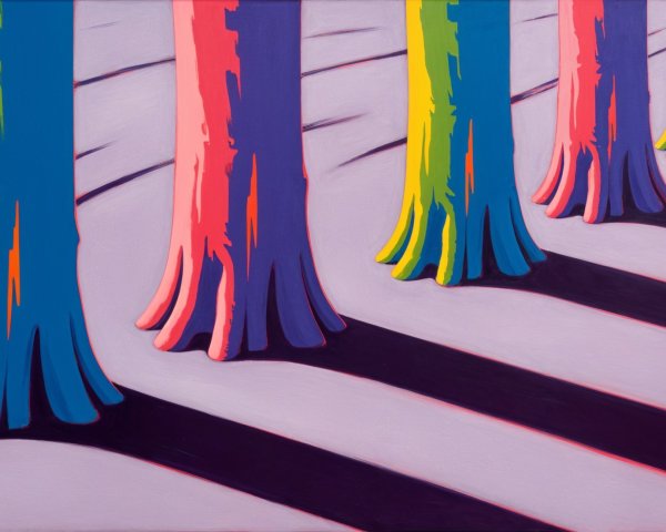 Stylized Tree Trunks in Vibrant Colors and Shadows