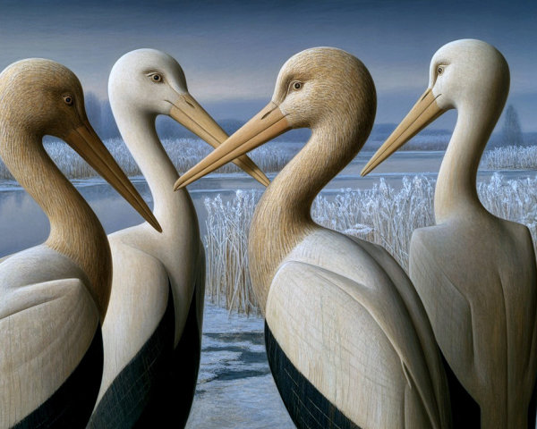 Stylized Storks by a Tranquil Waterway in Winter