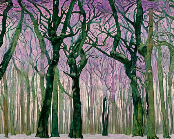 Surreal Forest Scene with Twisting Trees and Pastel Sky