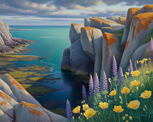 Coastal Scene with Cliffs, Lichen, and Wildflowers