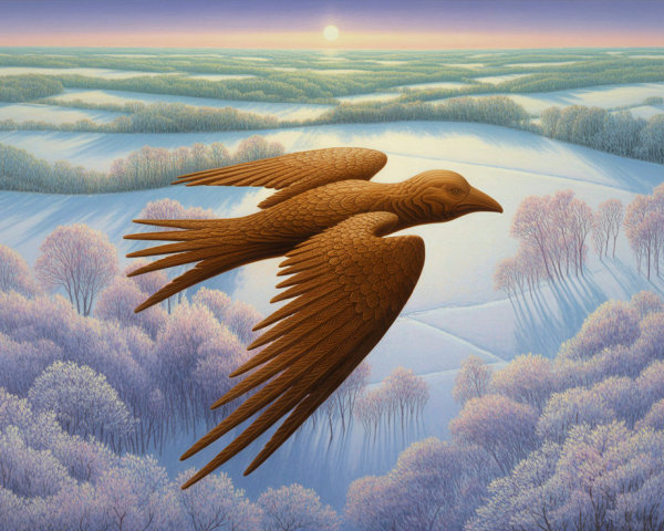 Majestic Bird Over Serene Winter Landscape at Sunrise