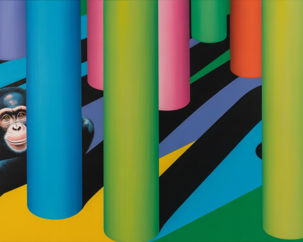 Chimpanzee Behind Colorful Abstract Columns