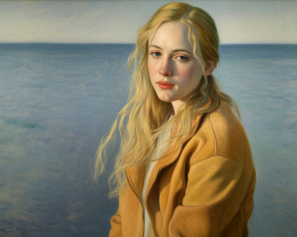 Young Woman in Mustard Jacket by Serene Blue Water