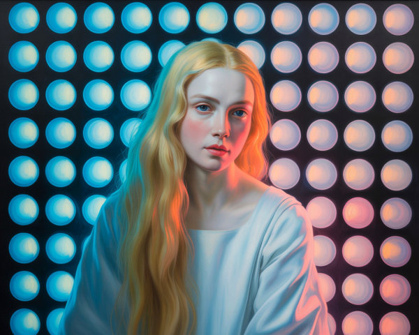 Young woman with blonde hair in vibrant light backdrop