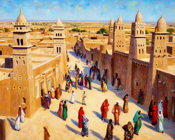 Vibrant Oil Painting of a Bustling Market Street