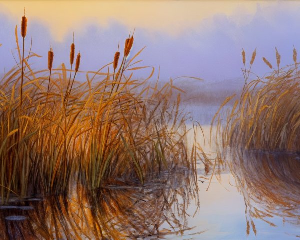 Serene Wetland Scene at Dawn with Reeds and Fog