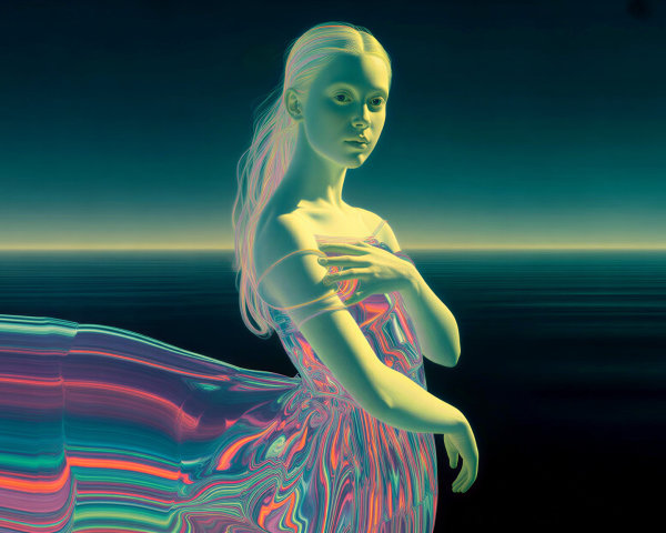 Surreal Figure in Flowing Gown by Dreamy Ocean