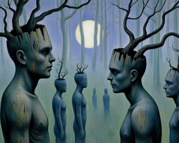 Surreal forest scene with tree-branch figures at night
