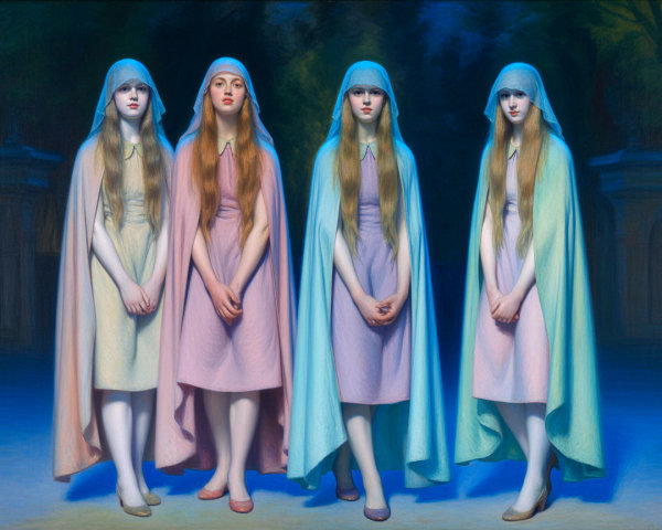Pastel-Clad Figures in Ethereal Dark Setting