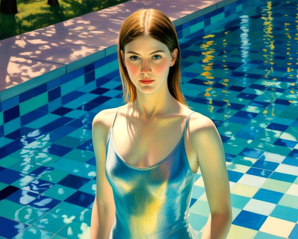Young Woman by Shimmering Blue Pool in Lush Setting