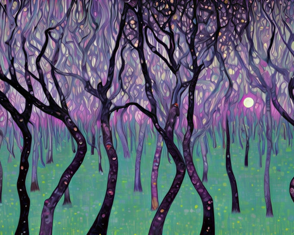 Surreal Landscape with Twisted Trees and Vibrant Colors