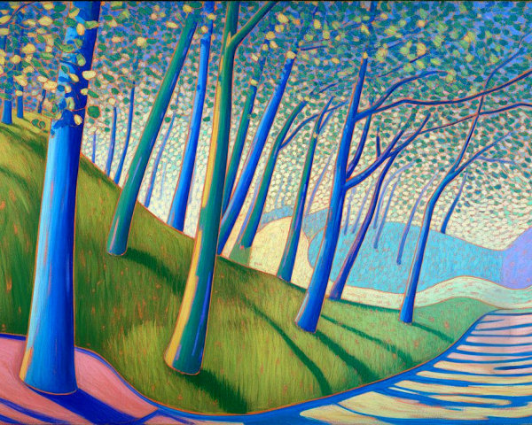 Vibrant Landscape with Stylized Trees and Rolling Hills