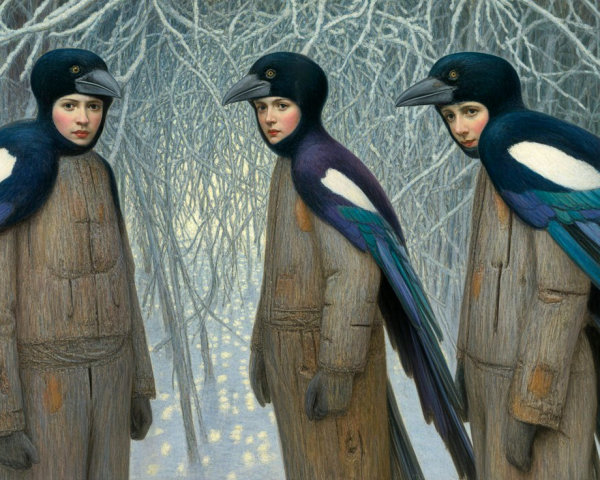 Surreal Winter Landscape with Bird-Headed Figures