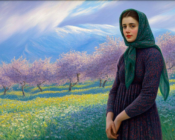 Young Woman in Blooming Field with Floral Headscarf