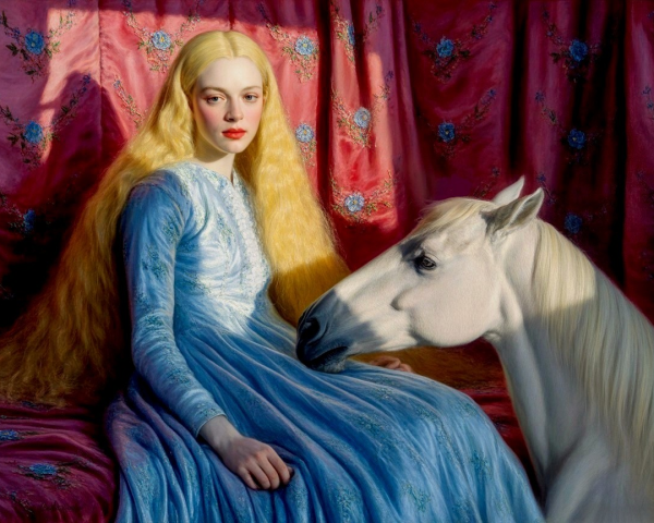 Young Woman in Blue Gown with White Horse in Elegance