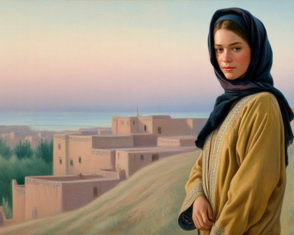 Young Woman in Traditional Garment on Hillside