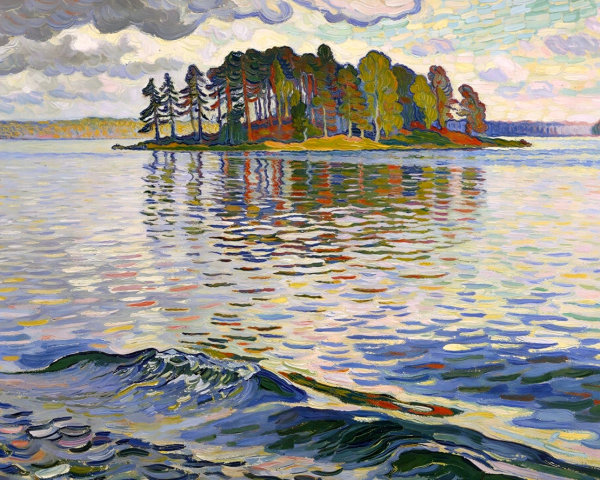 Vibrant Painting of a Tree-Covered Island in Water
