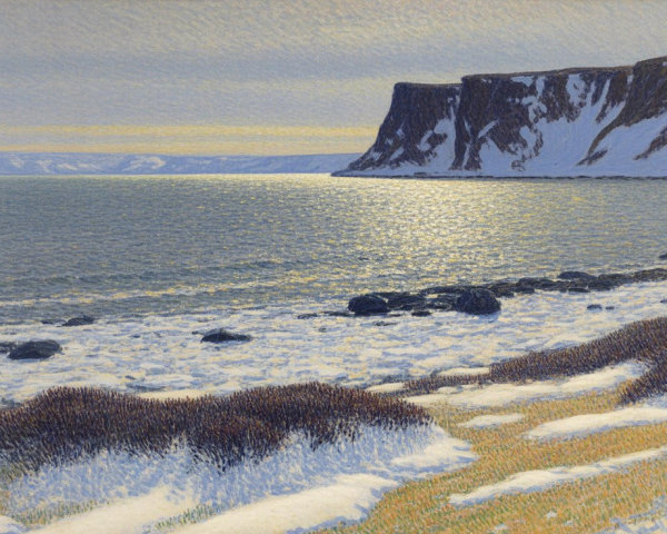 Serene Coastal Landscape with Rugged Cliffs and Snow