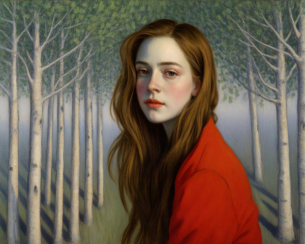 Young woman in red jacket in misty forest setting