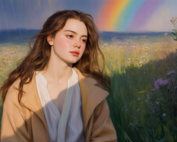 Young woman in meadow with rainbow and wildflowers