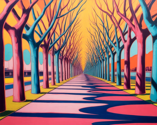 Surreal Landscape with Colorful Trees and Pathway