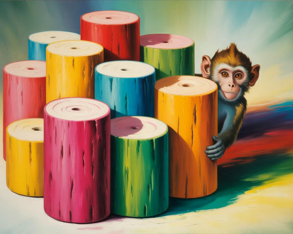 Playful monkey behind colorful oversized logs