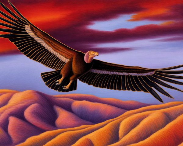 Vulture in Sunset Sky Over Majestic Mountain Landscape