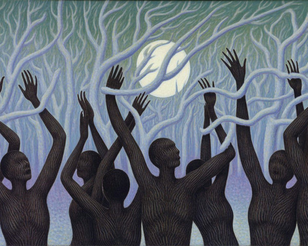 Silhouetted Figures Dancing in Dreamlike Forest Scene