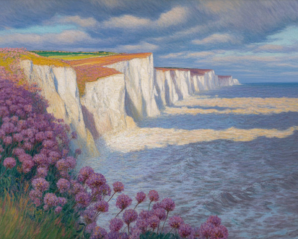 Coastal Scene with Chalk Cliffs and Purple Flowers