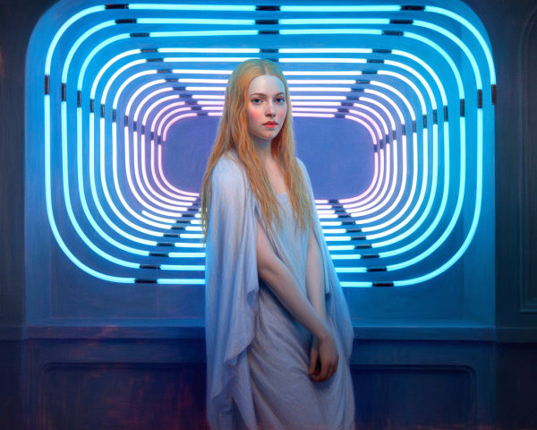 Young woman in flowing white garment against neon backdrop