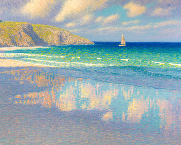 Serene Coastal Scene with Waves and Sailboat