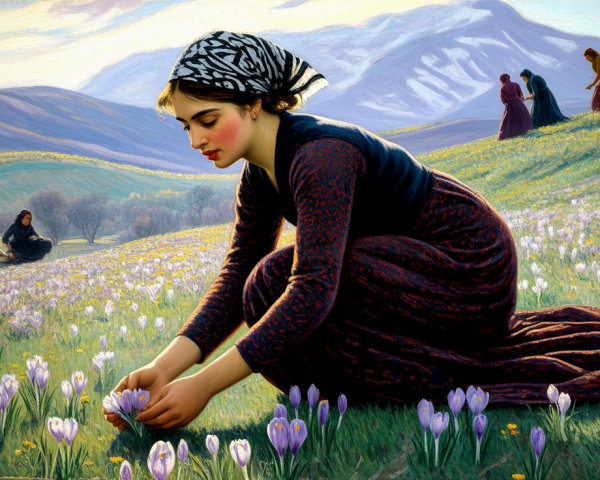 Young Woman Collecting Crocuses in Sunlit Landscape