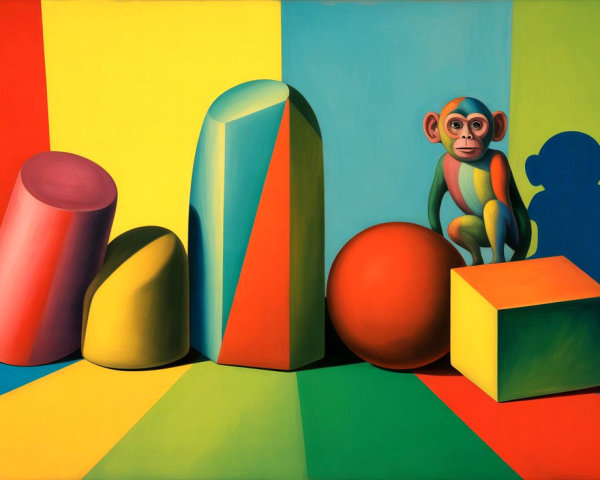 Vibrantly Colored Geometric Shapes with Monkey Figure