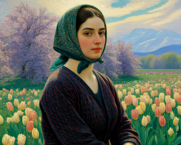 Young Woman in Vibrant Tulip Field with Scenic Hills