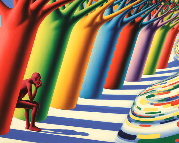 Vibrant Surreal Landscape with Colorful Trees and Figure