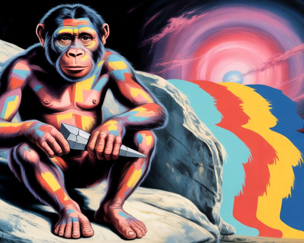 Vividly Painted Monkey in Surreal Landscape Scene