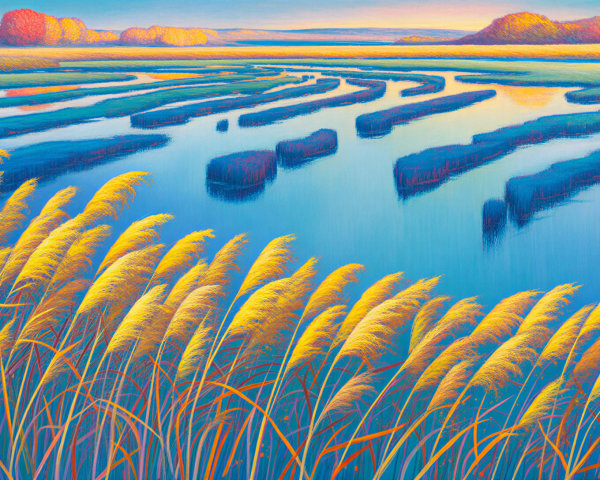 Serene Landscape with Reeds and Tranquil Waterway