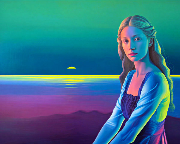 Serene Young Woman Against Vibrant Sunset Seascape